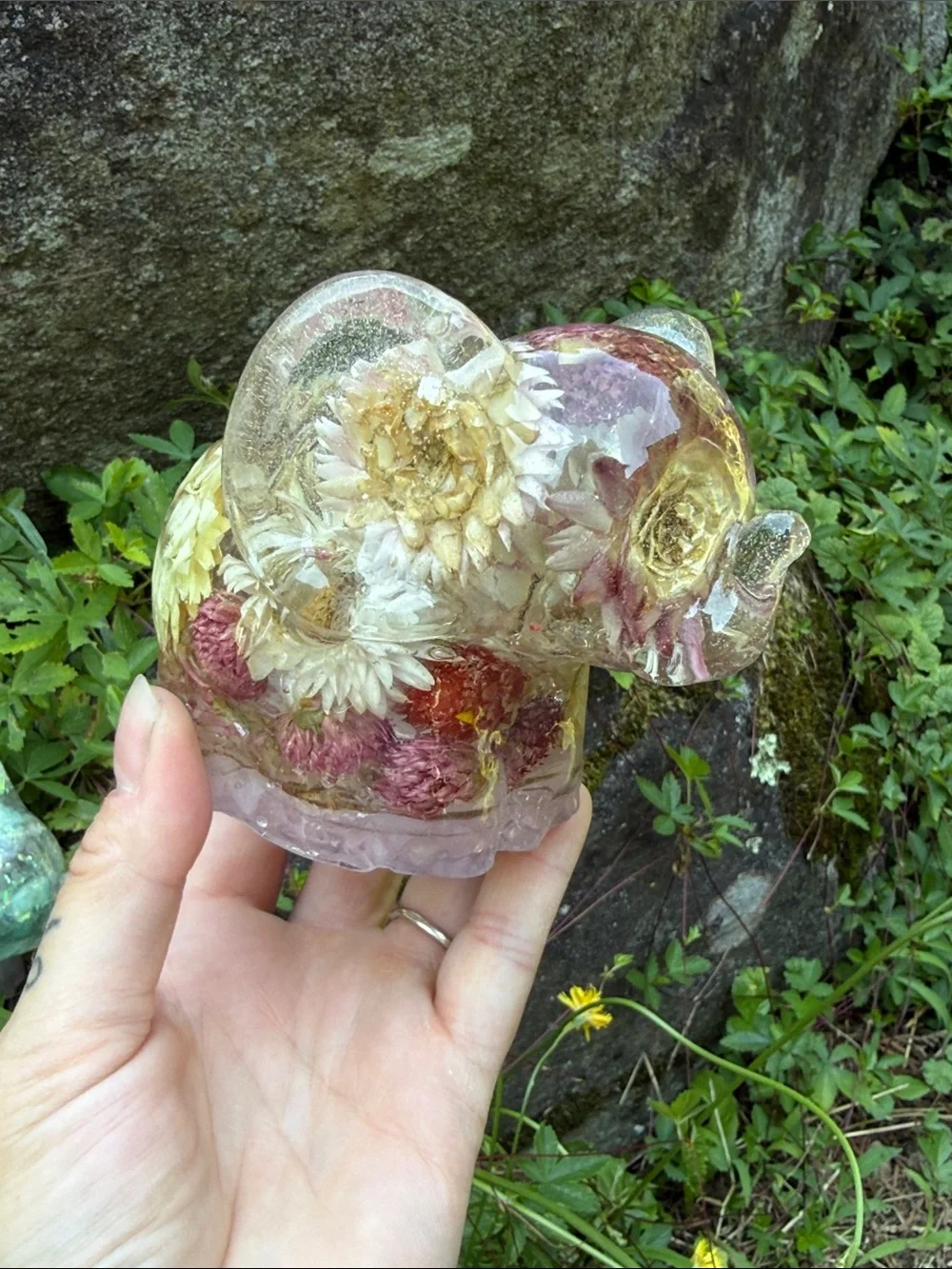 Handcrafted Pink and Cream Floral Elephant Resin candle holder